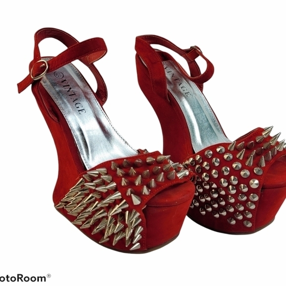Vintage Shoes - Punk rock platform shoes silver spikes heels red‎ 6.5 ankle